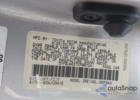 2012 Toyota Corolla S z USA, uszkodzony, nr VIN 5YFBU4EE7CP007241
